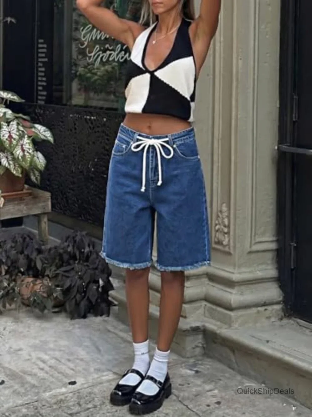 High Waisted Denim Shorts Bermuda Baggy Drawstring Raw Hem Jorts Knee Length